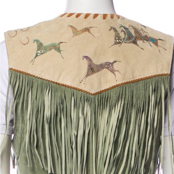 Patricia wolf hand painted leather fringe vest native american Indian ponies M - Picture 4 of 7